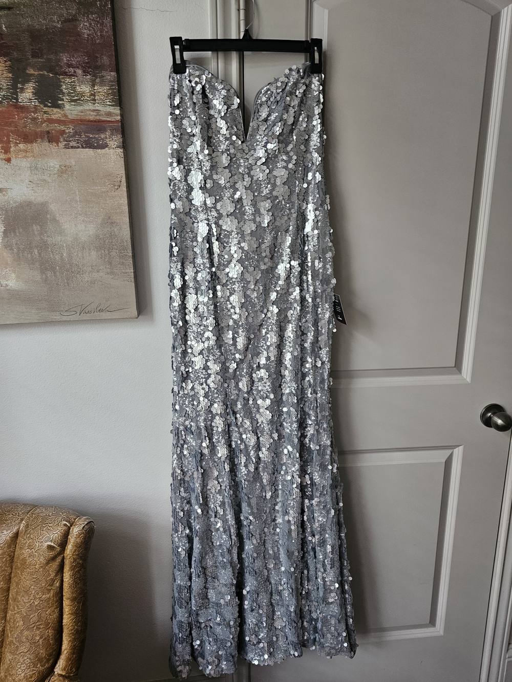Lulu's Silver Sequin Strapless Gown